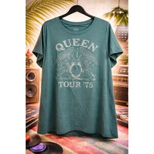 Official Queen Band T-Shirt 2XL Tour ’75 Green Vintage Look Festival Tee Plus